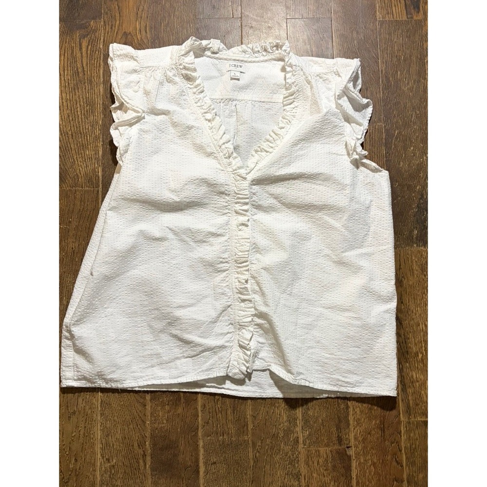 J. Crew Women's Size L White Cotton Sleeveless Button Down Shirt Blouse Ruffle